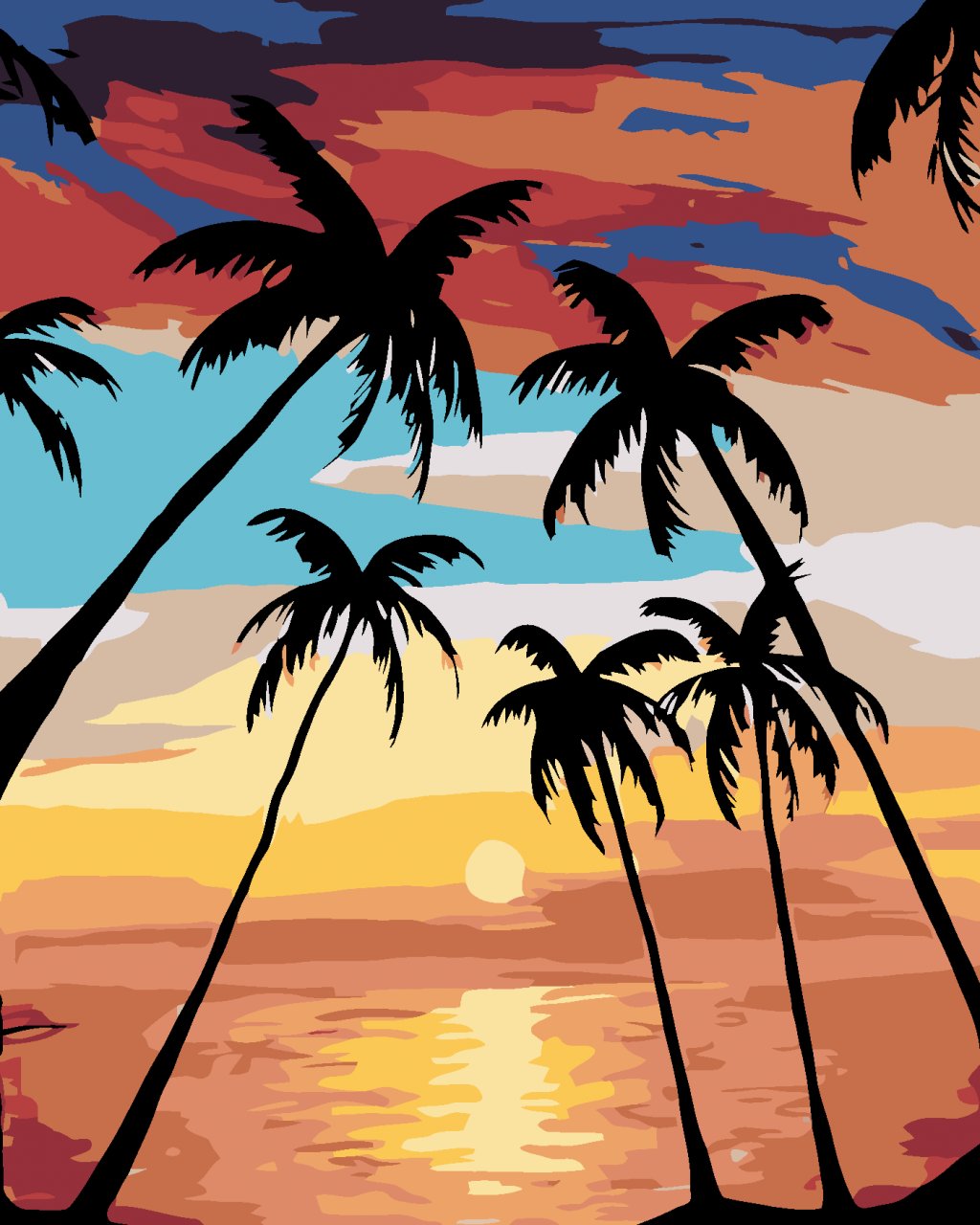 Malowanie po numerach - Zachód słońca, palmy i łódka