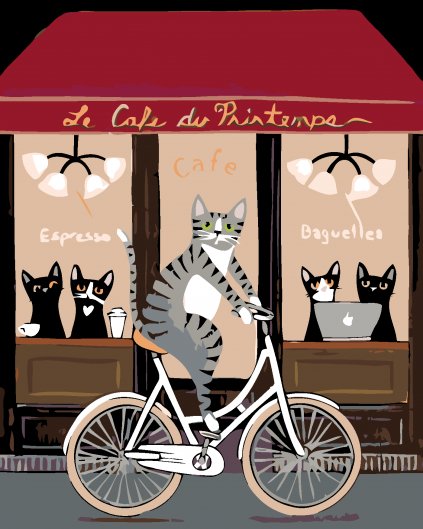 Malowanie po numerach - Kot na rowerze przed kawiarnią