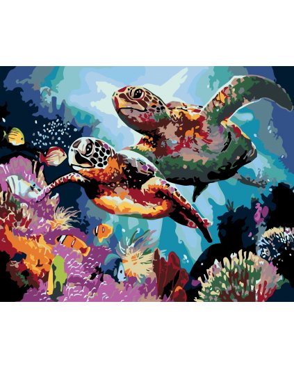 Malowanie po numerach - Para zielonych żółwi na dnie oceanu