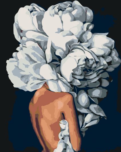 Malowanie po numerach - Kobieta z głową w kwiatach - białe piwonie I