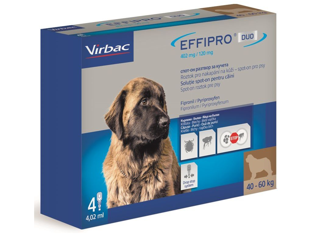 Effipro DUO Dog XL (40-60kg) 402/120 mg 4x4,02ml z kategorie Chovatelské potřeby a krmiva pro psy > Antiparazitika pro psy > Pipety (Spot On) pro psy